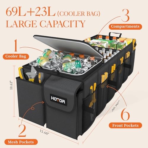 Trunk Organizer, Sturdy Foldable with Cooler for Car & SUV, 3 Large Black