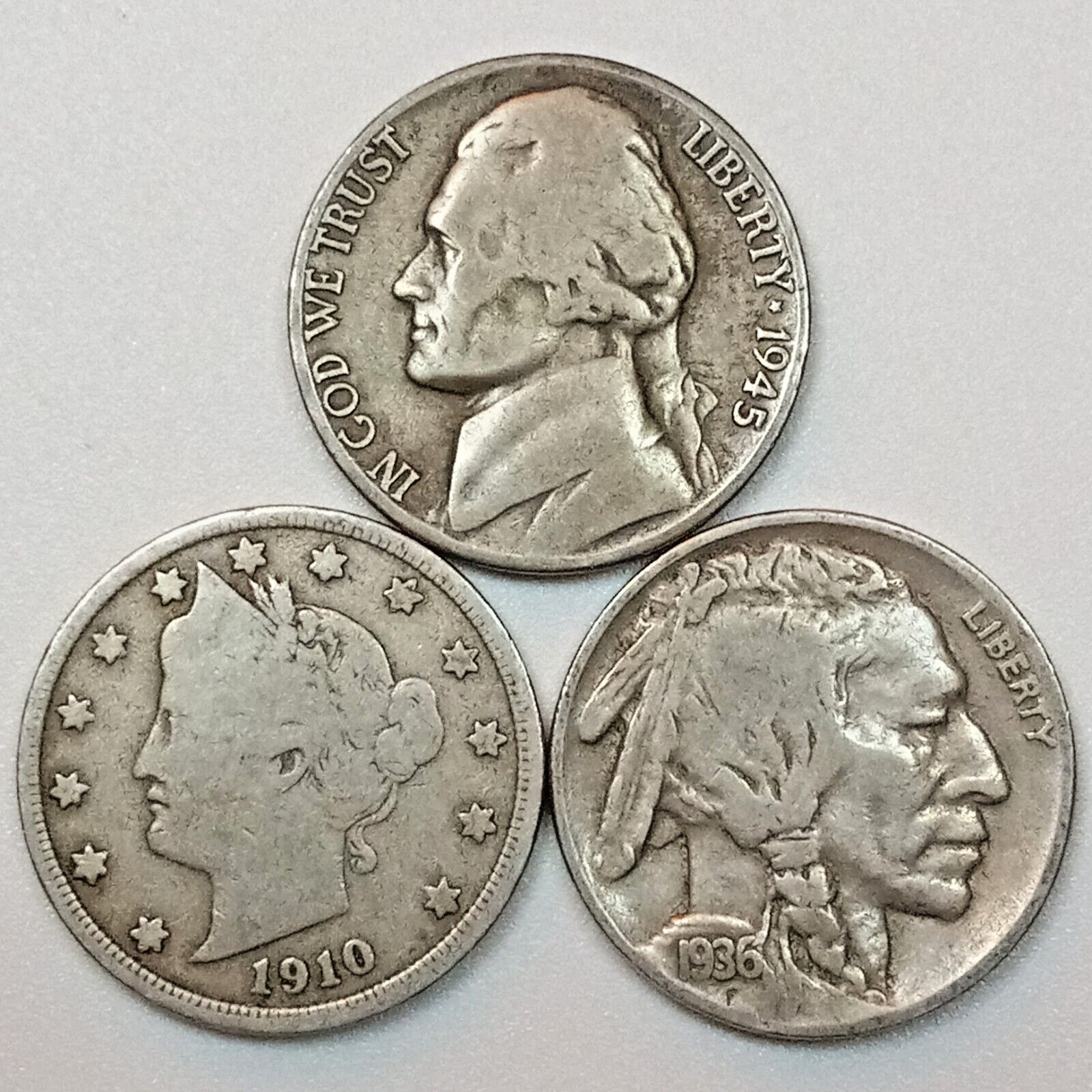 US COINS- Silver WW2 Nickel, Liberty Nickel, Buffalo Nickel- 3 Coin Set- NO JUNK