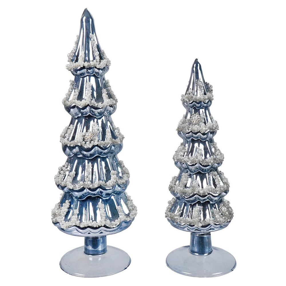 Embellished Pearlized Blue Glass Trees Set/2