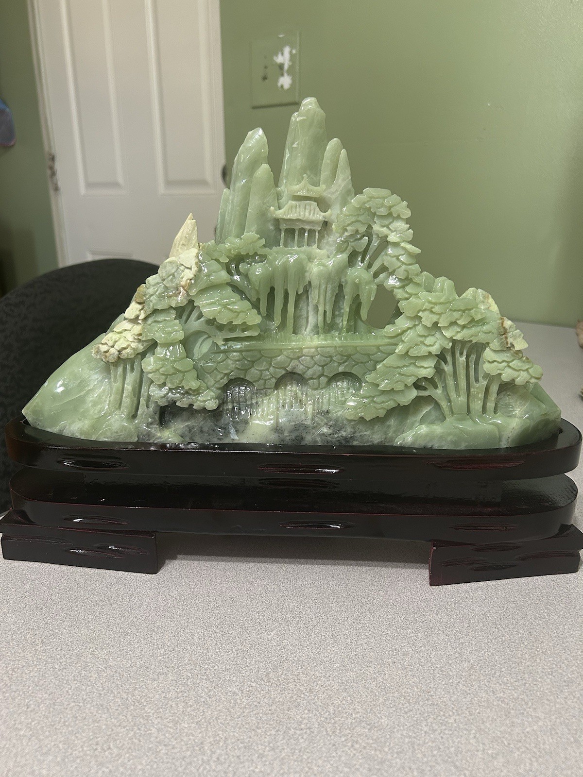 7.3LB Natural Green Jade Stone  Hand Craved Landscape Crystal