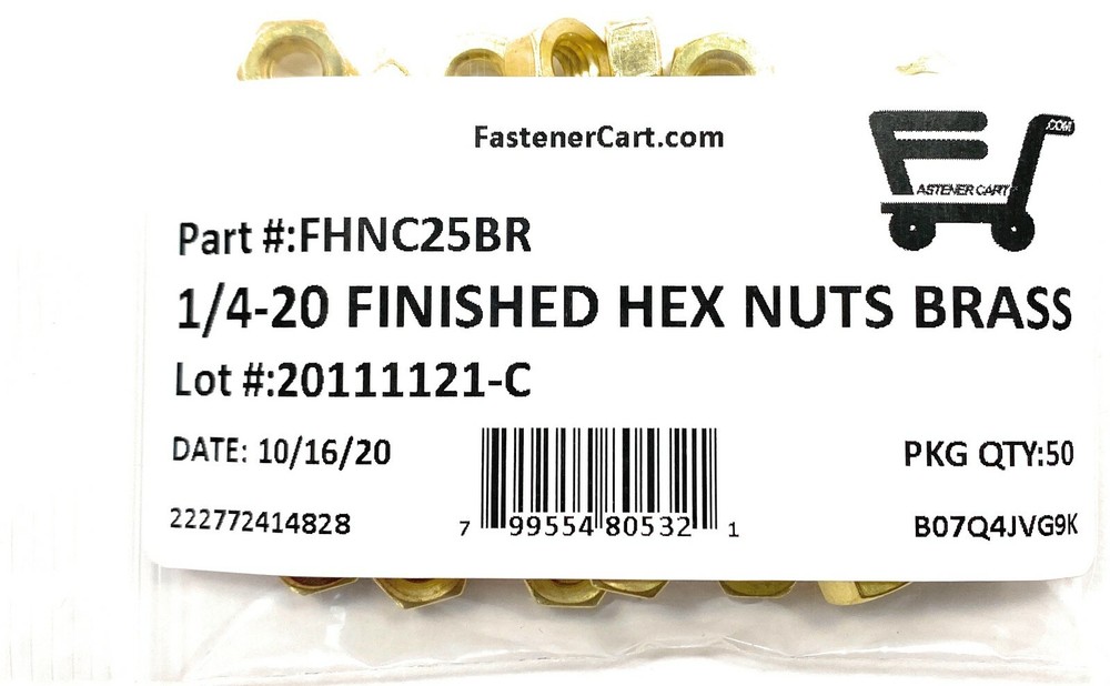 (50) 1/4-20 Brass Finished Hex Nuts - Solid Brass (50 Pieces)