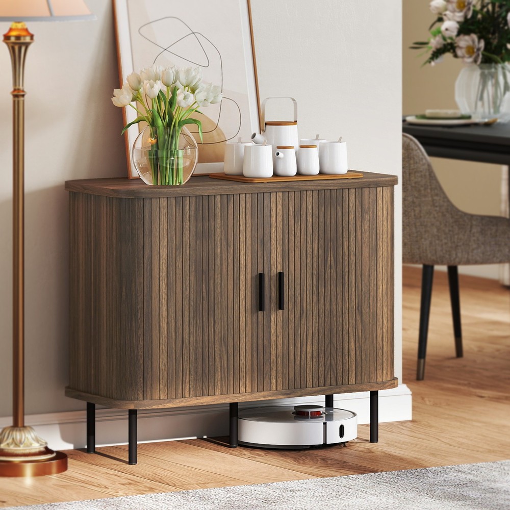 35.4" Sideboard Buffet Cabinet, Slatted Kitchen Cabinet, Walnut