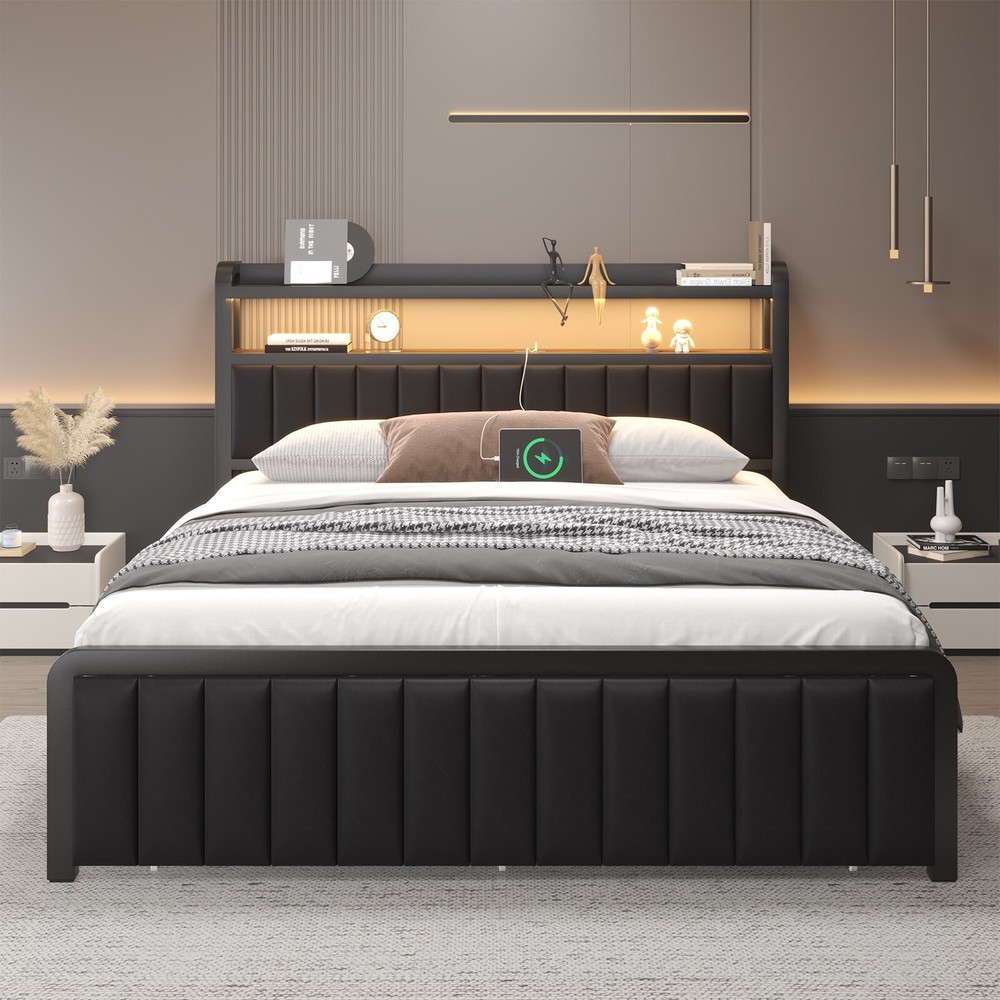 Queen Size Metal LED Bed Frame with Storage Headboard and Bed End Drawer