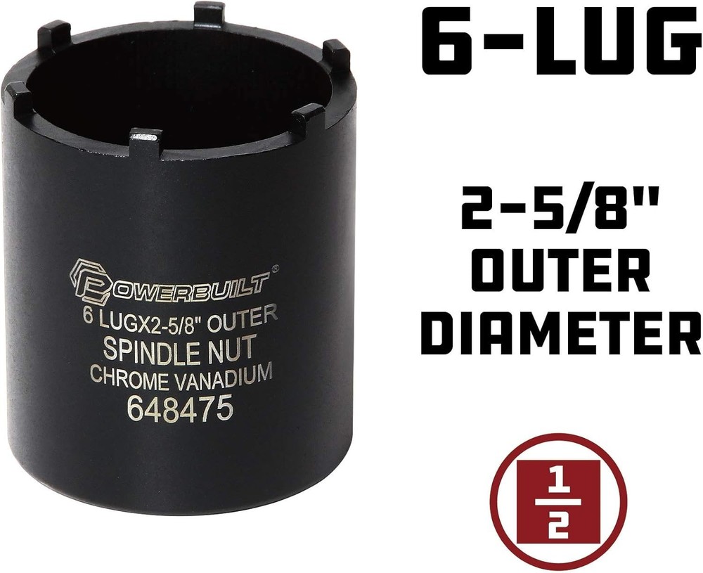 Powerbuilt 648475 Spindle Nut Socket Six Outer Black, 6-Lug, 2-5/8" Outer Trucks