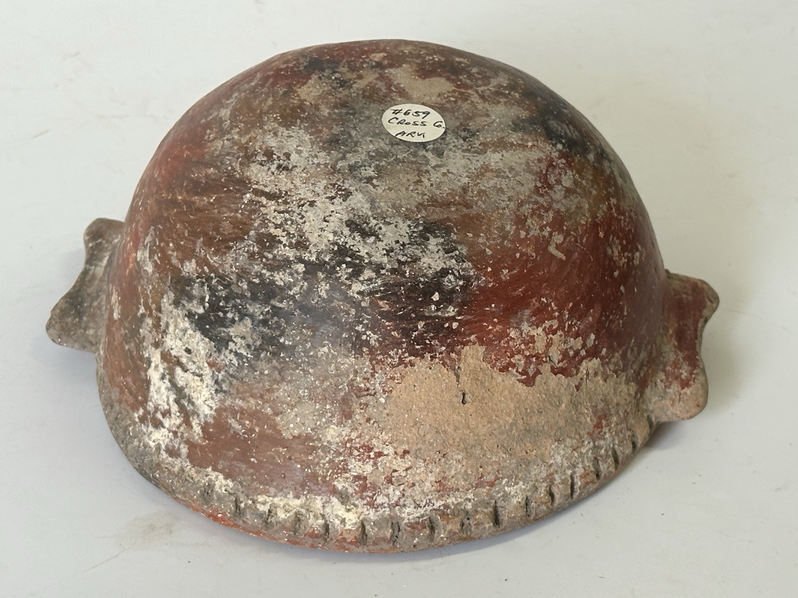 COLORFUL RED QUAPAW POTTERY HANDLED PIE CRUST BOWL ARKANSAS MISSISSIPPIAN JAR