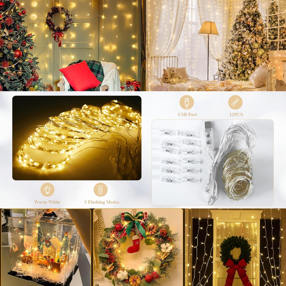10 x 10ft Ivory Backdrop Curtains with Lights String Wrinkle-Free Polyester C...