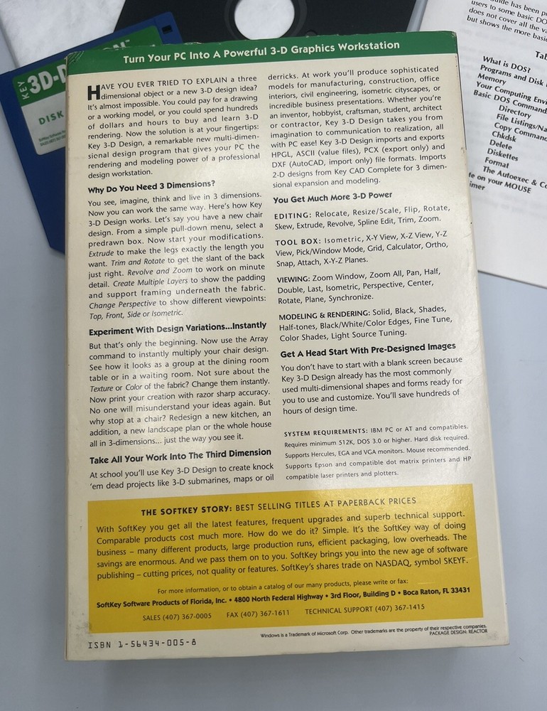 Vintage Key 3-D Design Softkey Software Version 1.0 IBM PC 90s