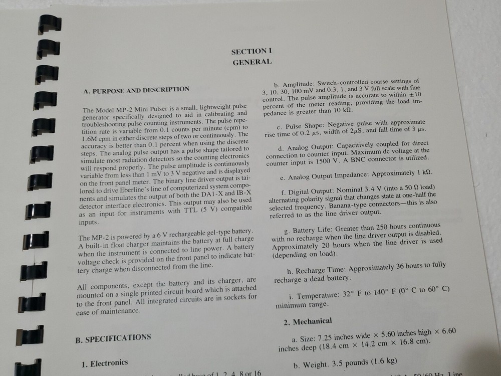 EBERLINE LABORATORY Mini Pulser MP-2 TECHNICAL MANUAL 1989