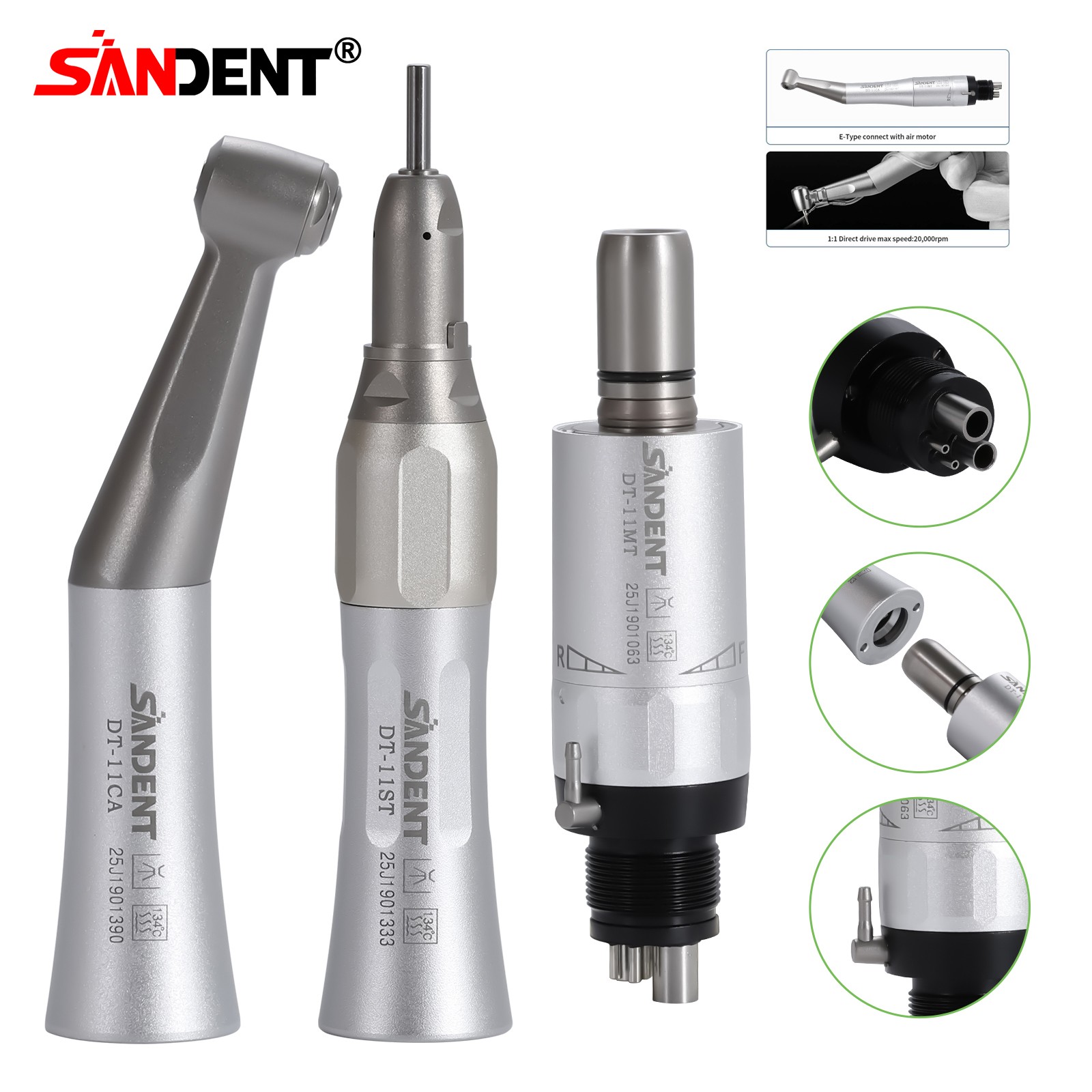 SANDENT Dental Slow Low Speed Handpiece Straight+Contra Angle+Air Motor 4Hole M4