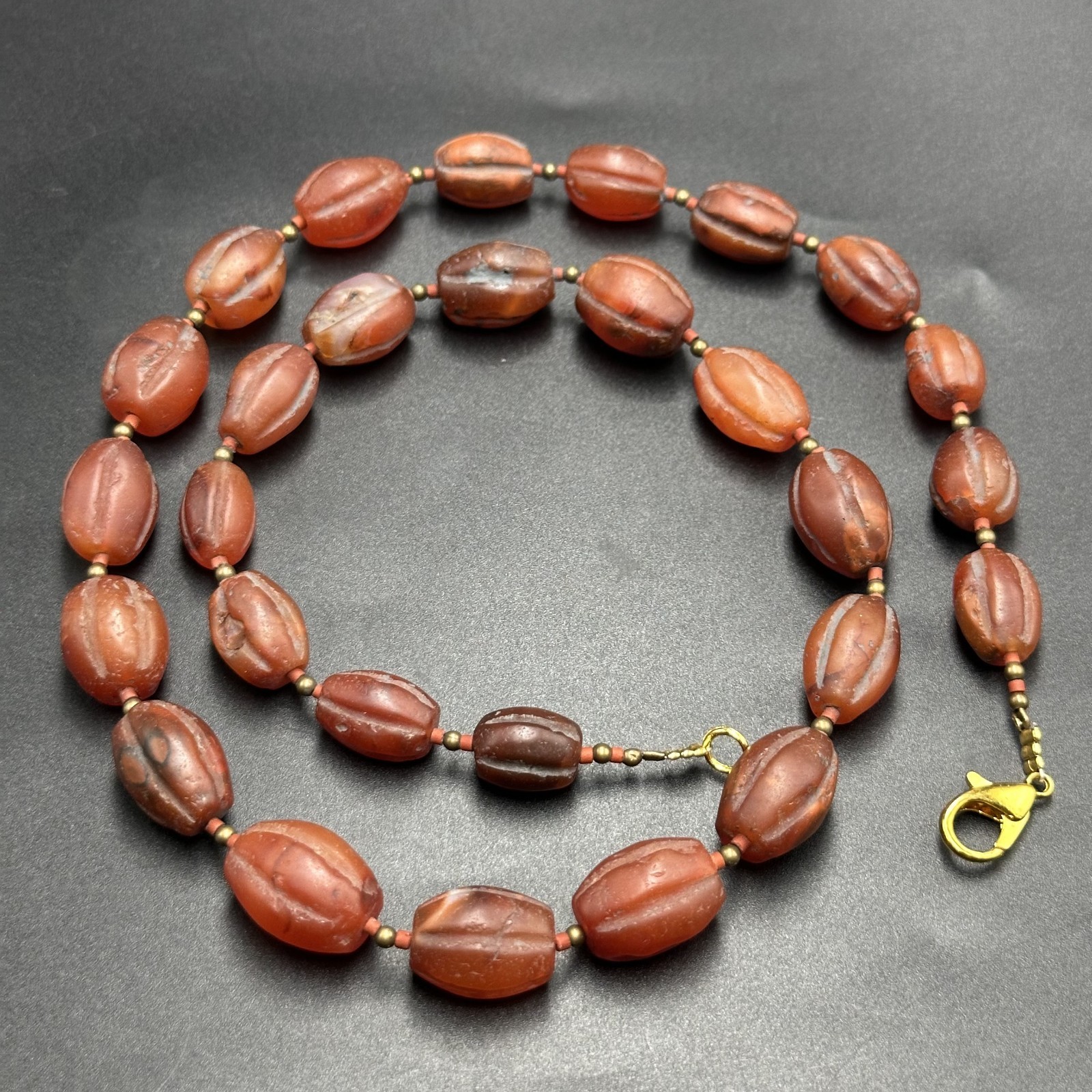 Vintage Himalayan Tibetan Carnelian Carved Agate Oval Shape Beads Necklace Mala
