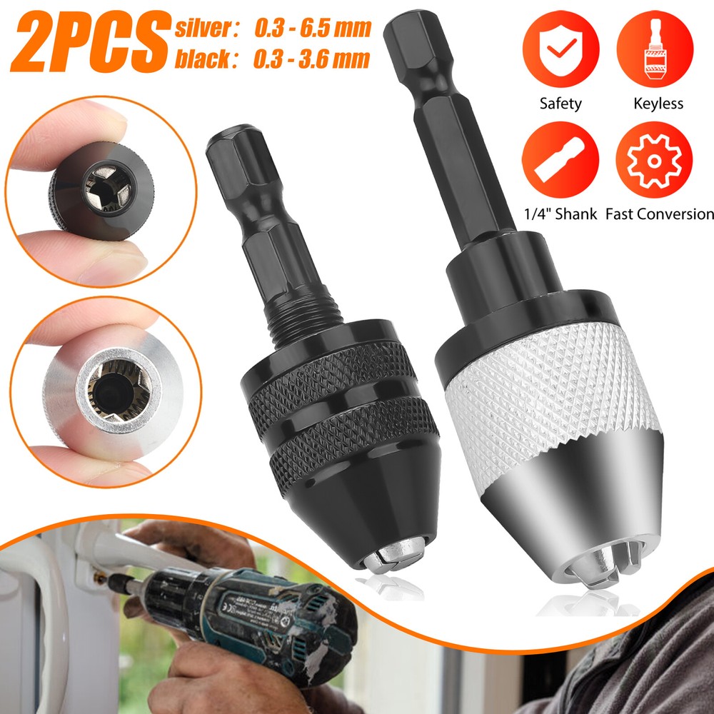 2x 1/4" Hex Shank Keyless Drill Chuck Conversion Adapter Bit Quick Change Driver