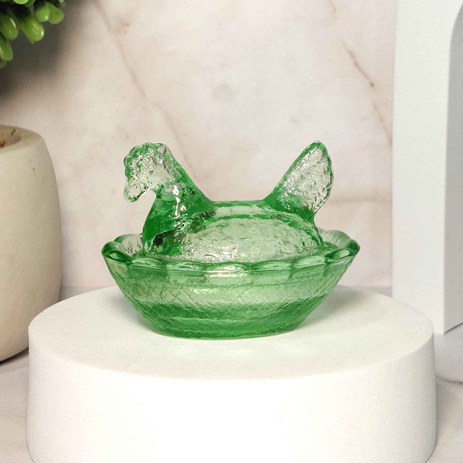 Green Depression Style Glass Mini Hen on Nest Chicken Salt Dish, Vintage Style