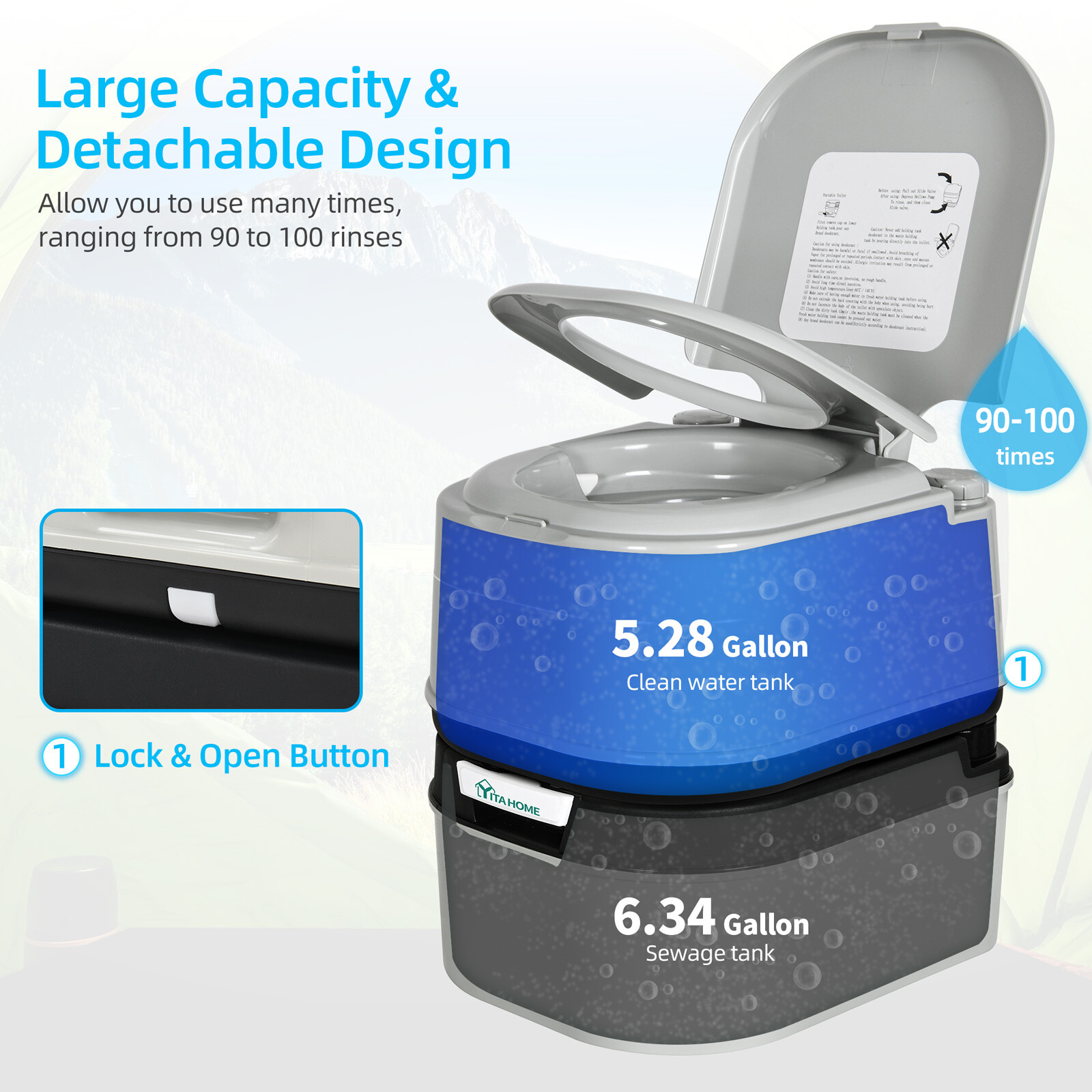 Portable Toilet 6.34 Gallon Porta Potty W/Paper and Detergent Collection Travel