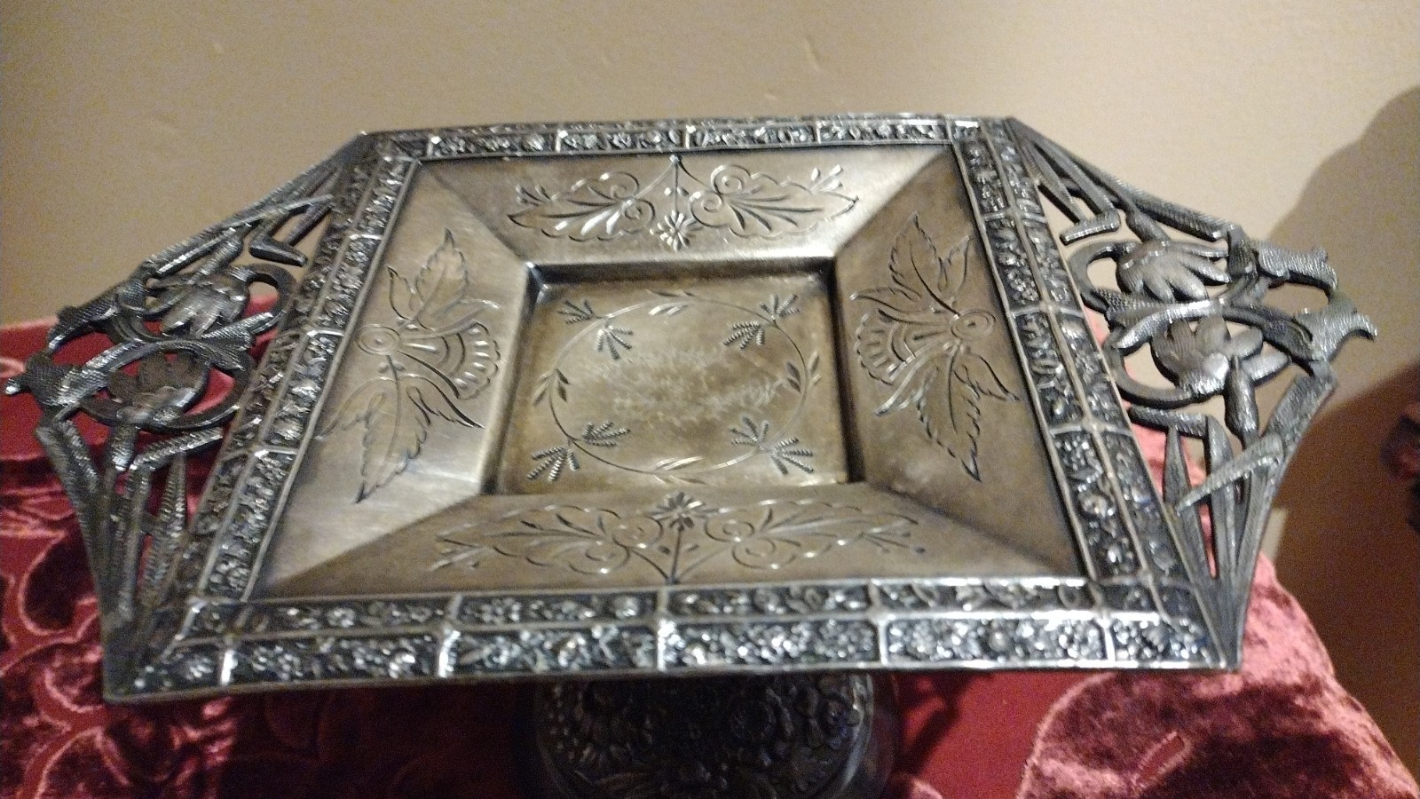 Antique Victorian unique Art Nouveau Dark Silver Plate Calling Card Repousse