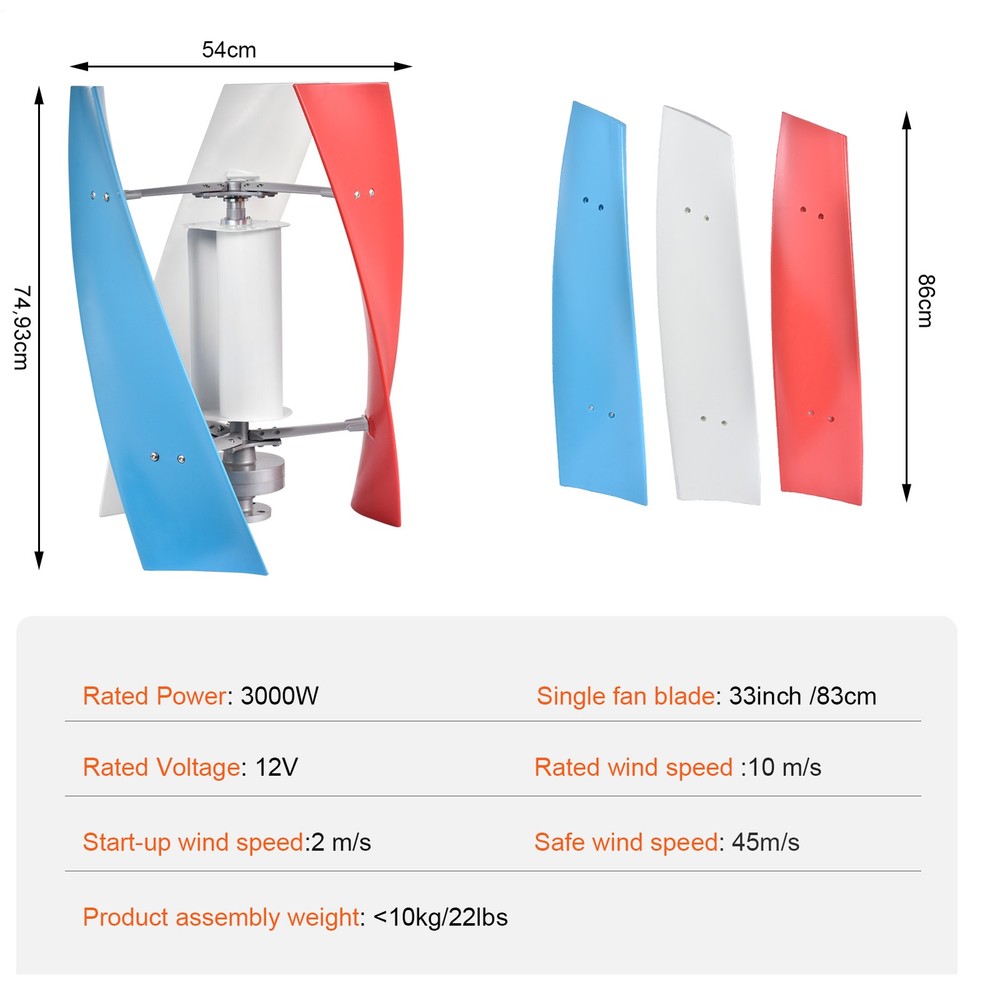 3000W Vertical Axis Wind Turbine Generator 12V Controller Home Windmill Quiet