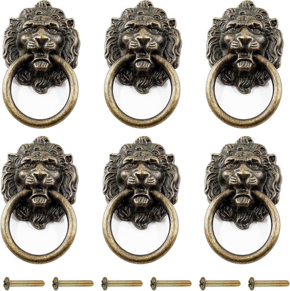 6 Pcs Lion Head Knobs Pull, Antique Bronze Ring Pull Handles for Dresser Drawers