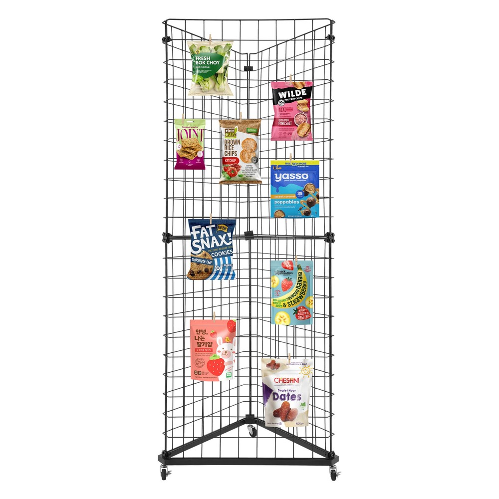 Triangle Wire Grid Display Stand with Casters - Stable Corner RackUSUS