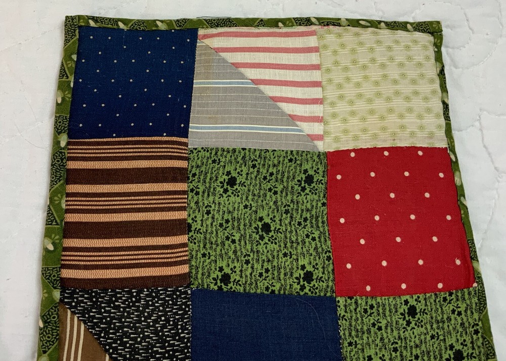 Vintage Patchwork Quilt Table Topper, Nine Patch, Early Calico Prints, Multi