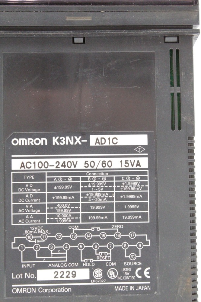 Omron K3NX-AD1C Digital Panel Meter (Missing a few wire screws)