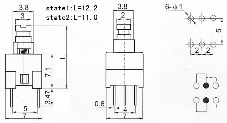 20pcs 7*7mm Latching DPDT PushButton Switch Blue Head