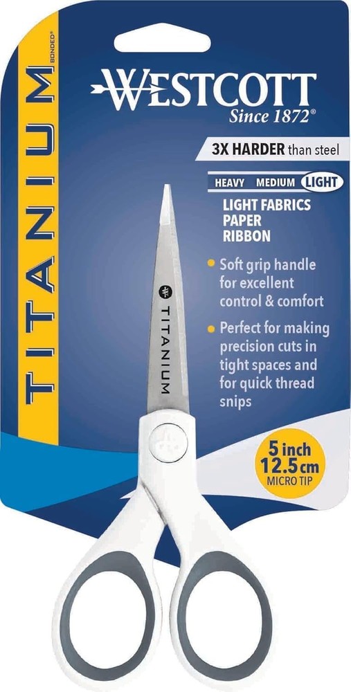 Westcott 5" Micro-Tip Fabric Scissors with Titanium-Bonded 5-Inch, White/Grey