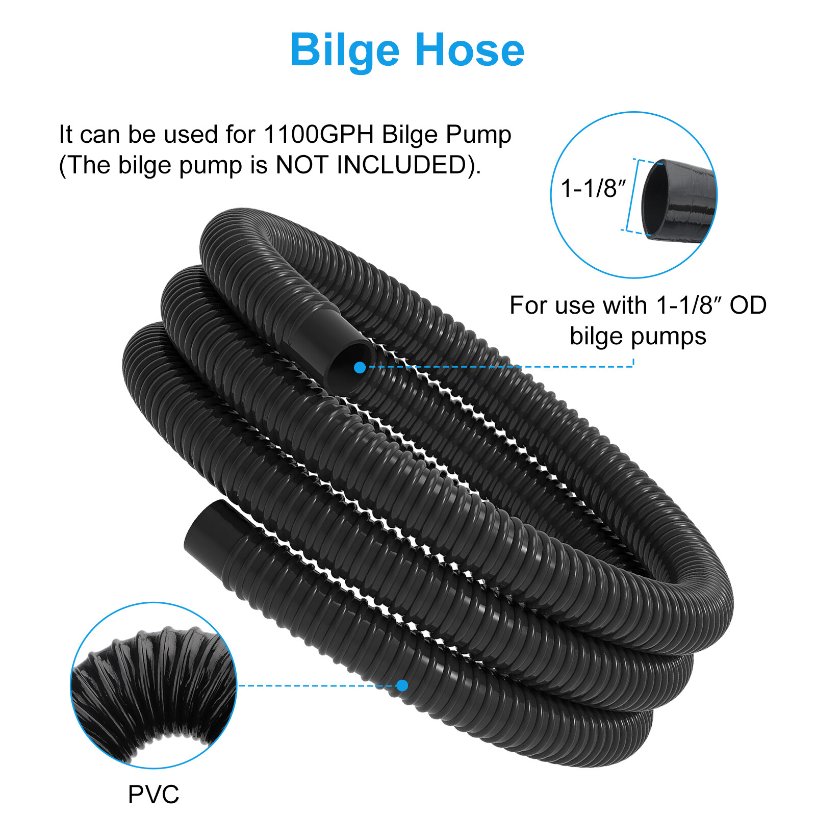 1-1/8" Dia 6ft Bilge Pump Hose with Seal Clamp Thru-Hull Fitting for Boat Marine