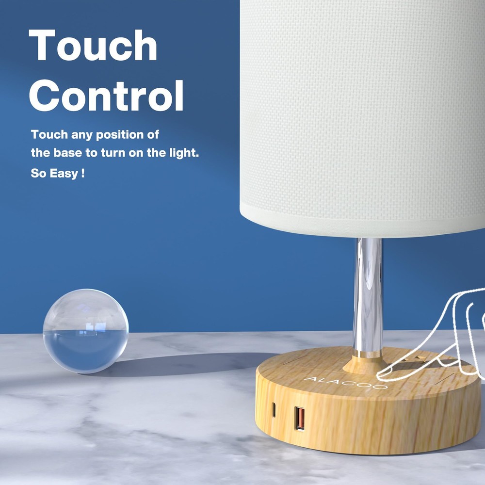 Small Bedside Table Lamp for Bedroom - 3 Way Dimmable Touch Lamp with USB Cha...
