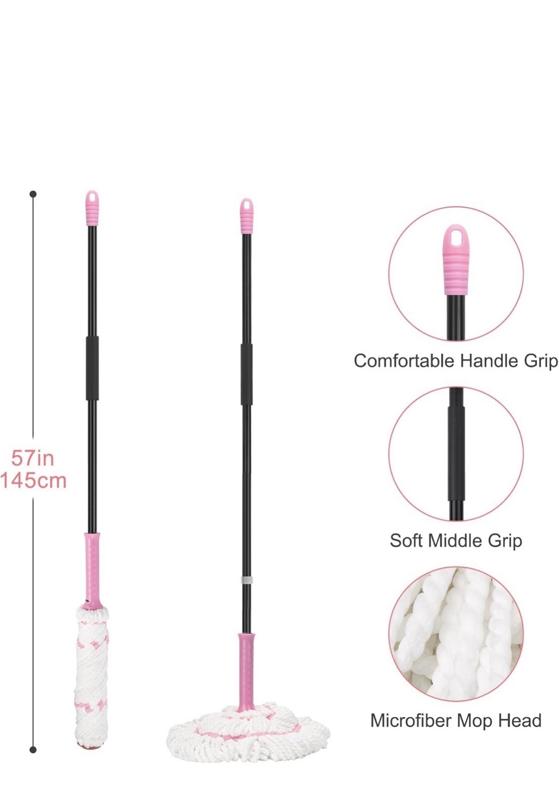 Self-Wringing Microfiber Round Wet Mop with Pink Handle, 57in