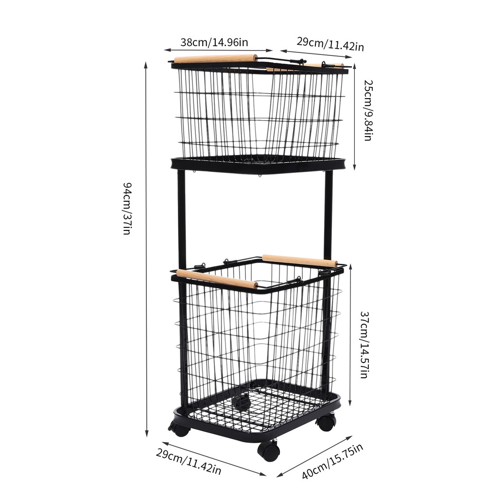 Black Metal Laundry Basket With Wheels 2-tier Laundry Basket Rectangular Iron