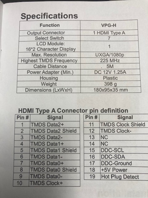 HDMI Video Pattern Generator MODEL VPG-H with manual and AC Adaptor.