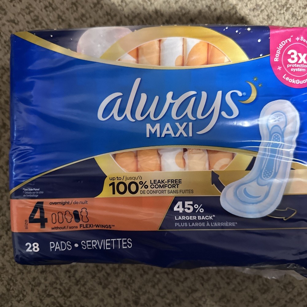 Always Maxi Pads Size 4 Overnight Absorbency Without Wings 28 Count Sealed