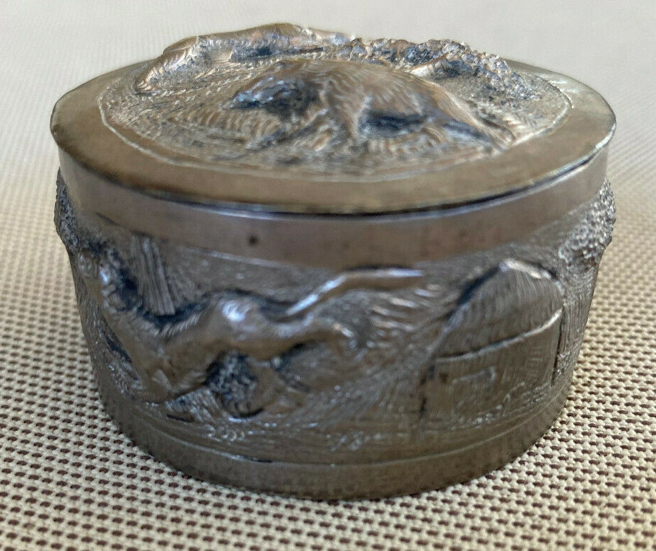 Antique Repousse Silverwork Trinket Patch Box Animals Trees Round Handmade