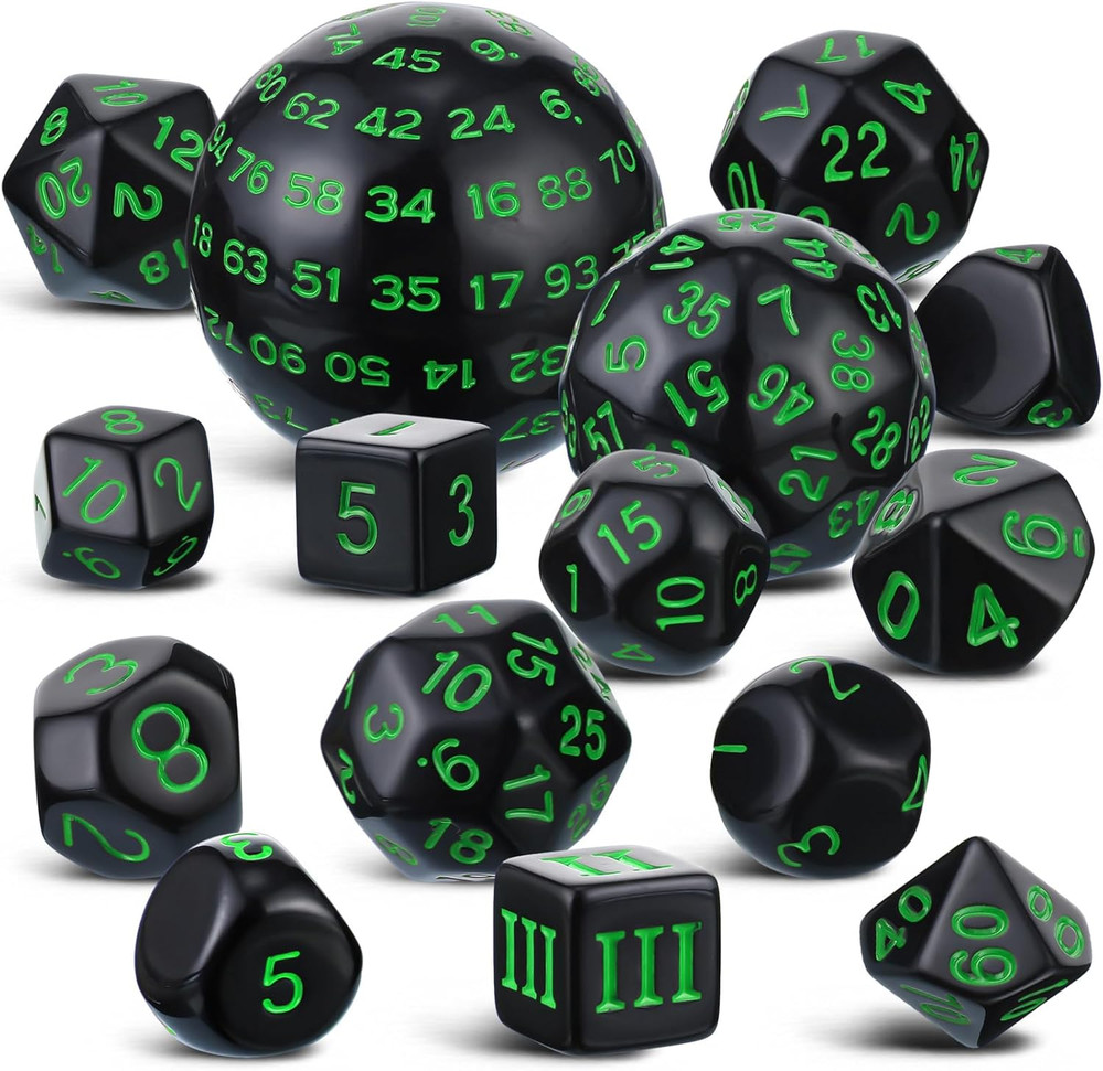 15 Pcs Complete Polyhedral Dice Set D3-D100 Spherical RPG Dice Set in Opaque Bla