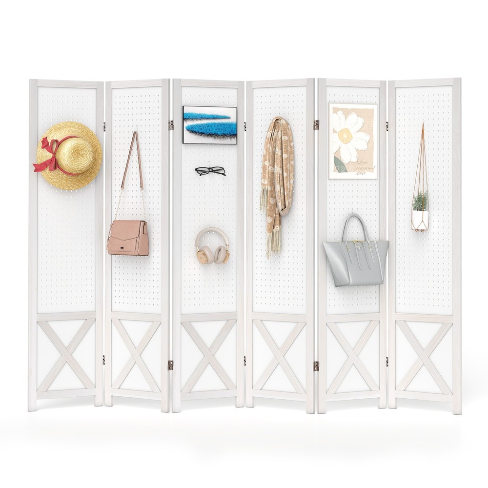 6-Panel Pegboard Room Divider, 67" Tall Foldable Privacy Screen, For Home, White