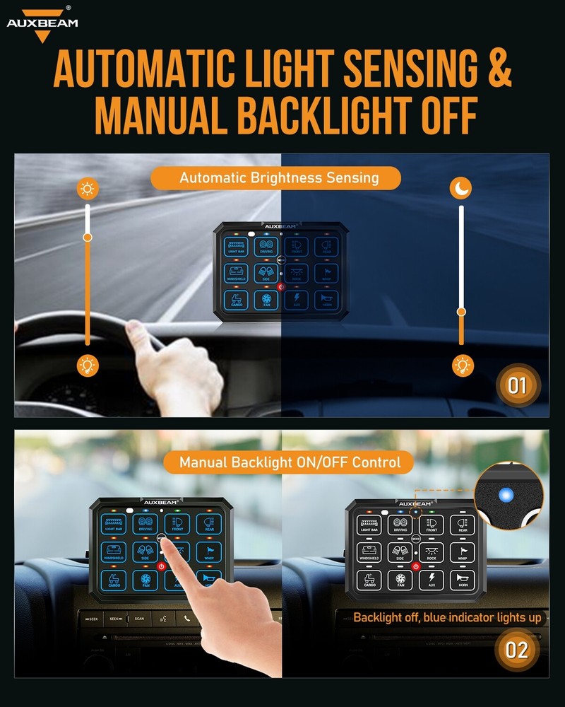 AUXBEAM RGB 12 Gang Switch Panel On-Off LED Car Switch Panel Circuit Control Box
