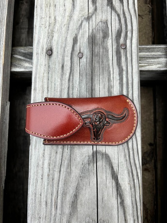 Longhorn Design Large Brown Leather Knife Sheath with Keep