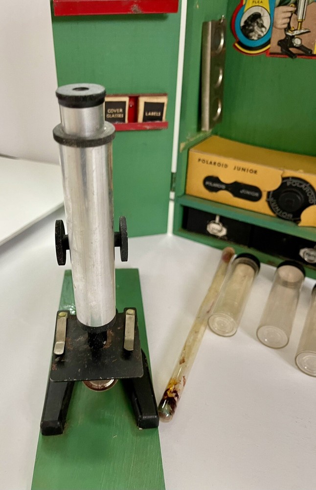 Vintage Gilbert Microscope Green Wood Case With Accessories Slides