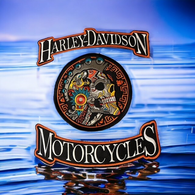 Harley Davidson Rocker Patch Set with Aztec Skull Center