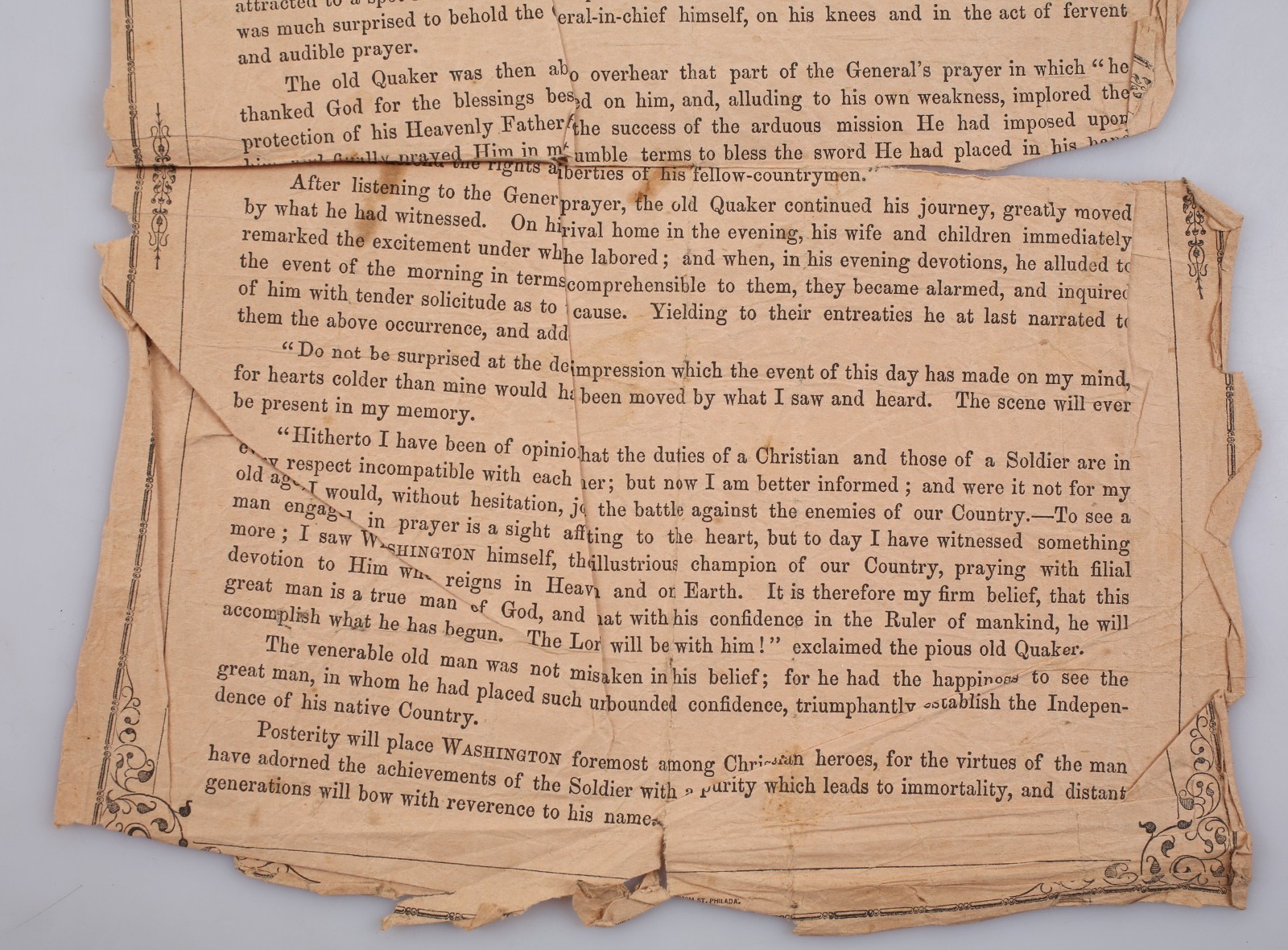 Antique 1800s General George Washington in Prayer at Valley Forge Broadside