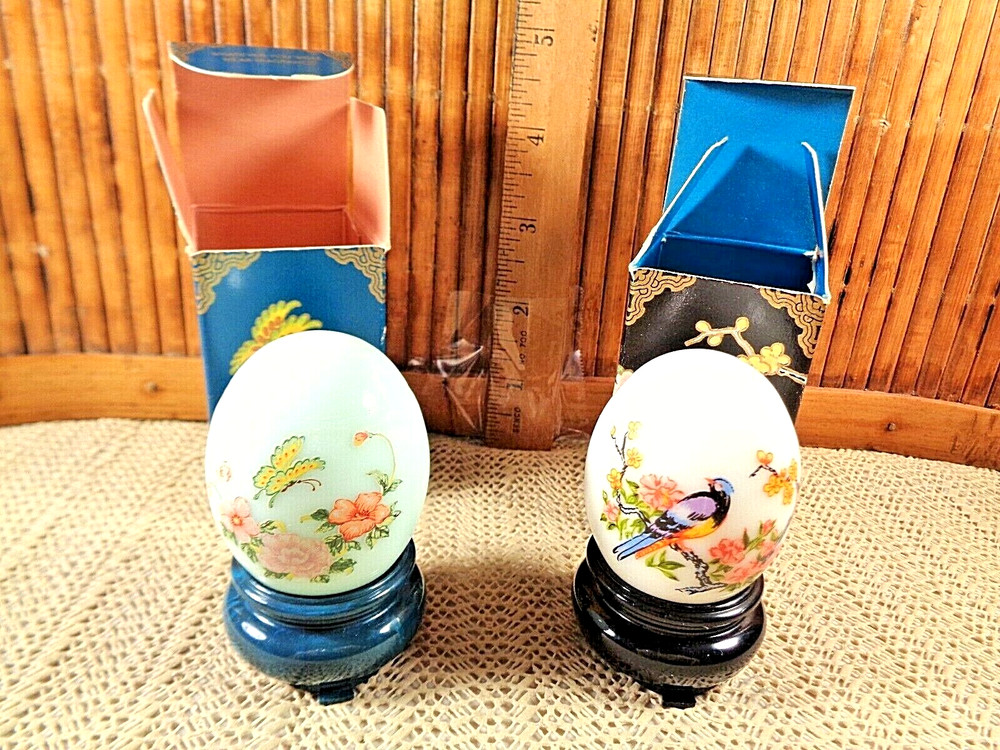 2 Avon Oriental Eggs with Stands / Patchwork & Imperial Garden / Empty