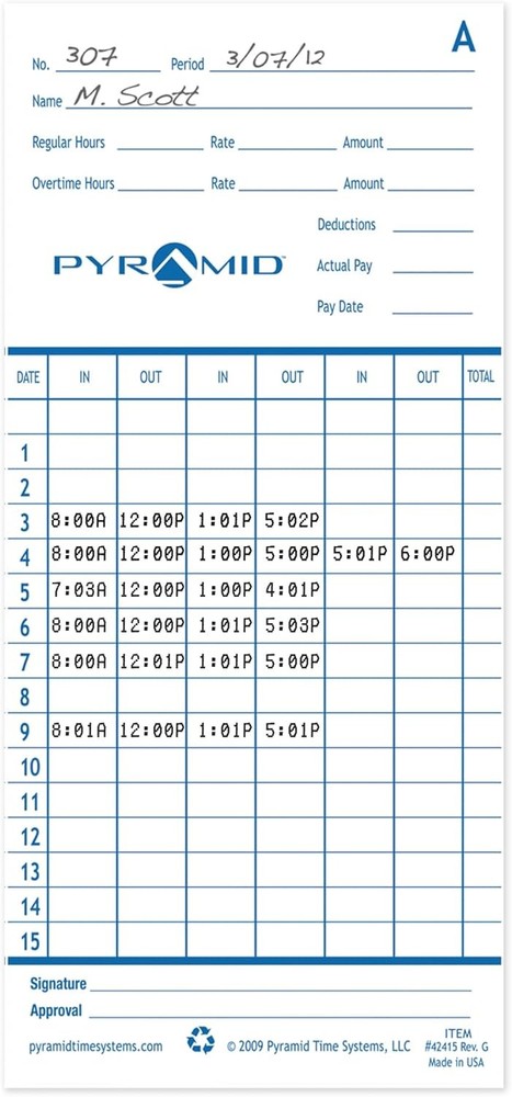 Pyramid Time Systems Authentic Time Cards 3.38x7.44 Inch