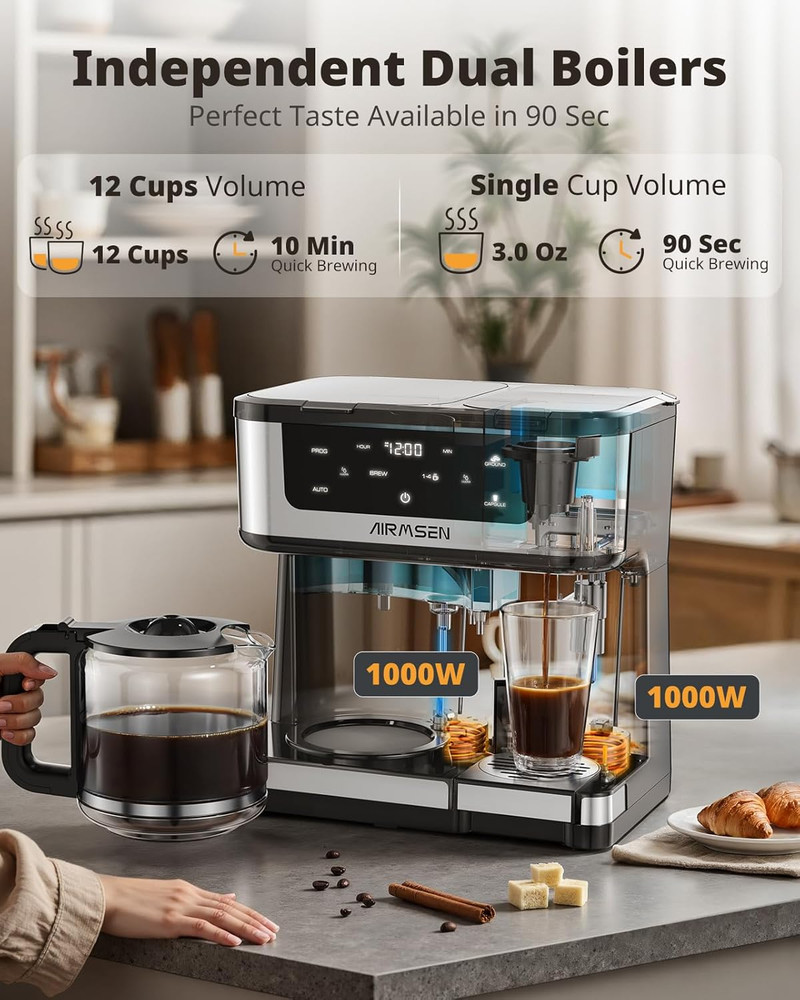 12-Cup Programmable Dual Coffee Maker – Single Serve Machine for K-Cup Pods & Gr
