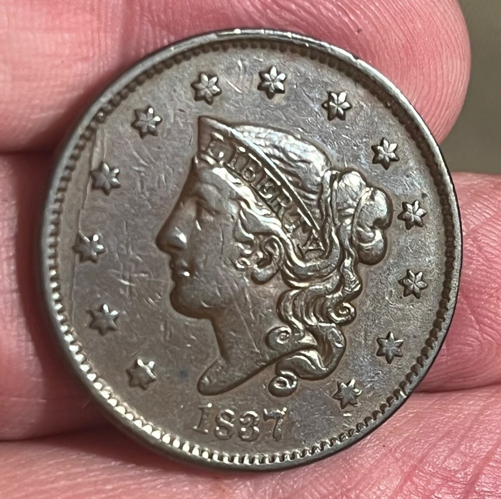 1837 large cent, plain cord, medium letters reverse, Die crack obverse. XF