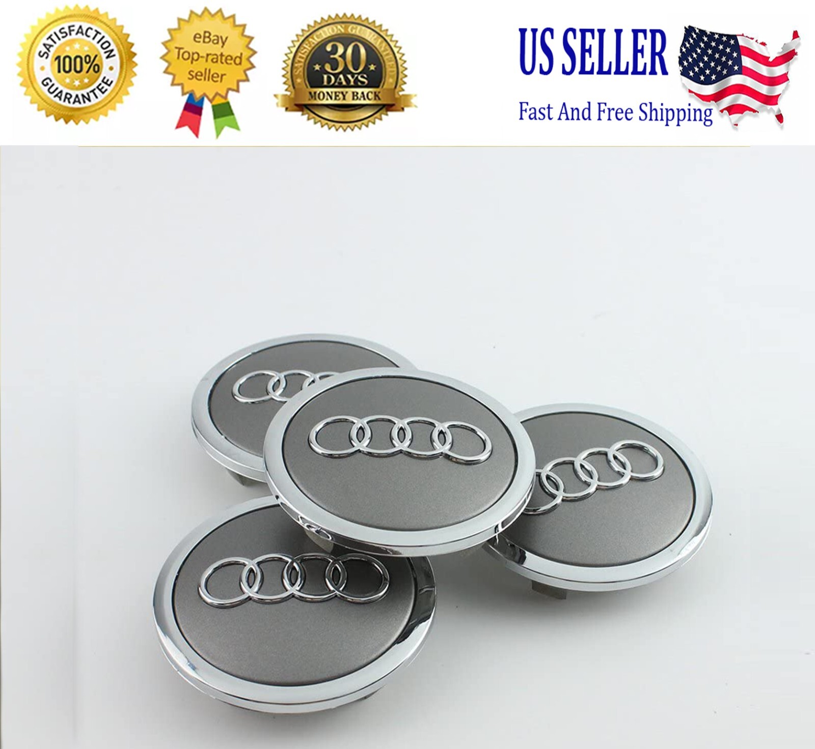 Set(4pcs) Audi 69MM Gray Chrome Wheel Rim Center Hub Caps Replacement 4B0601170A