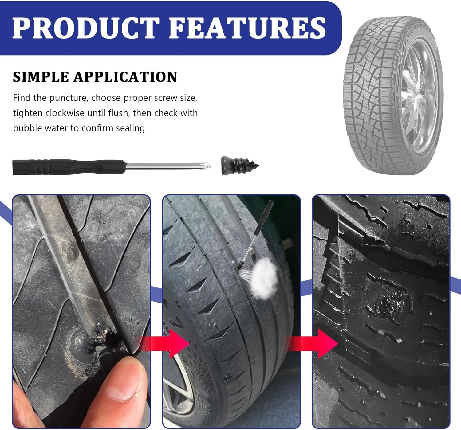 100PCS Tire Repair Screws Kit With Screwdriver 3 Sizes Rubber Plugs Flat Tires