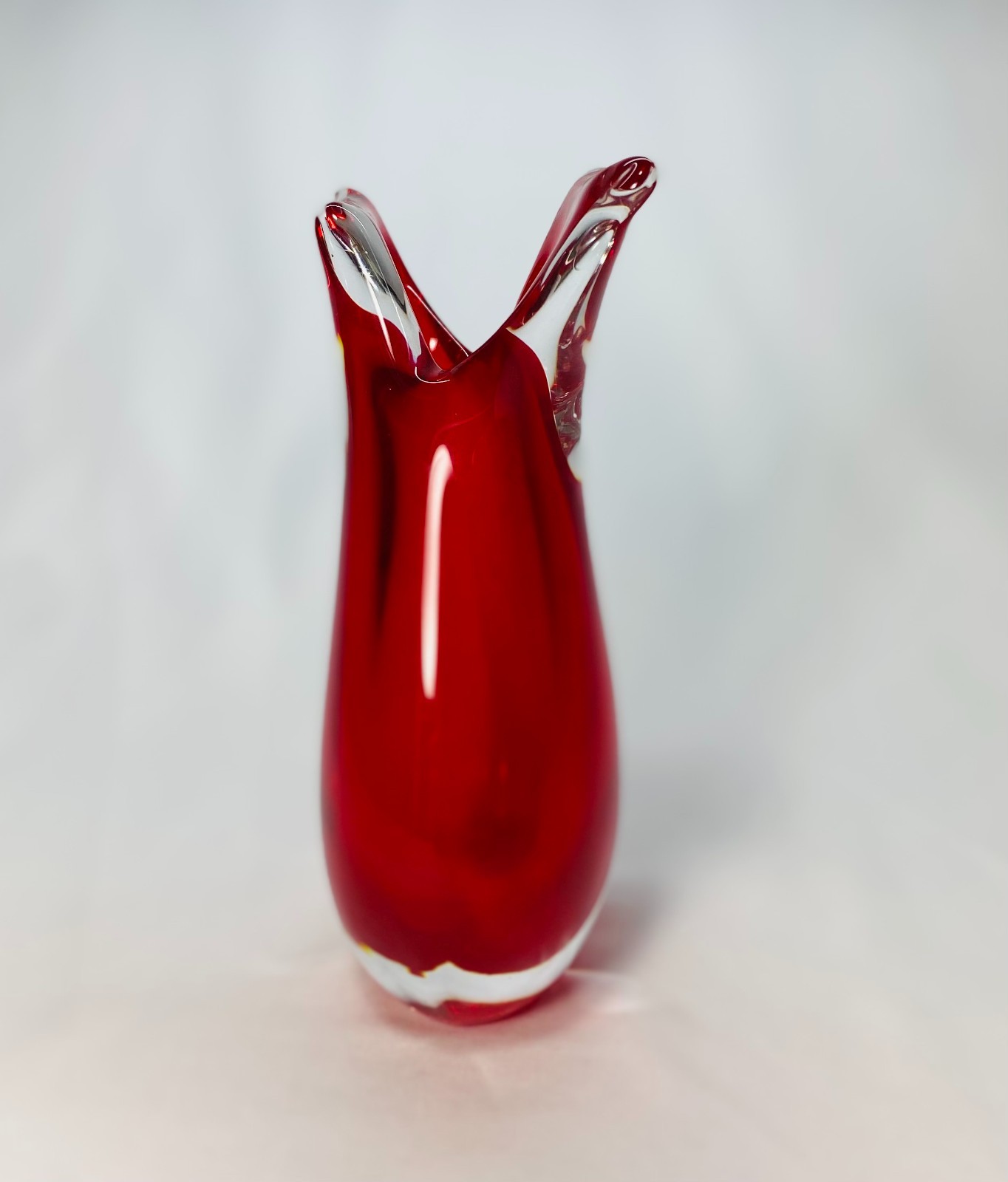 Vintage Murano Art Glass Red Sommerso Vase – Teardrop Fishtail Form, Italian Mid