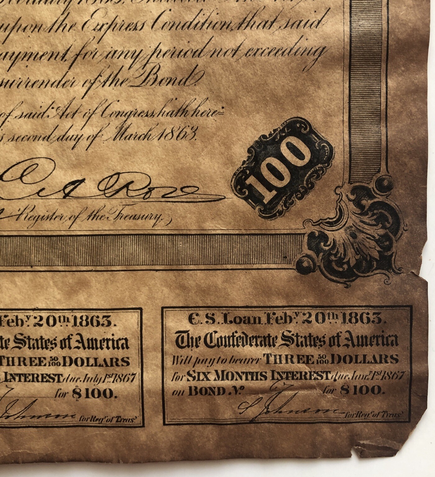Antique Feb 1863 Confederate States of America Loan Bond #67 100$ Richmond