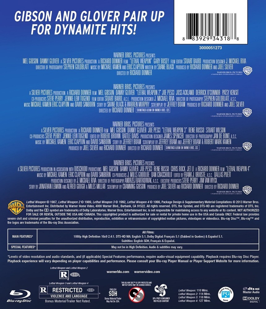 Lethal Weapon Collection Blu-ray Mel Gibson NEW
