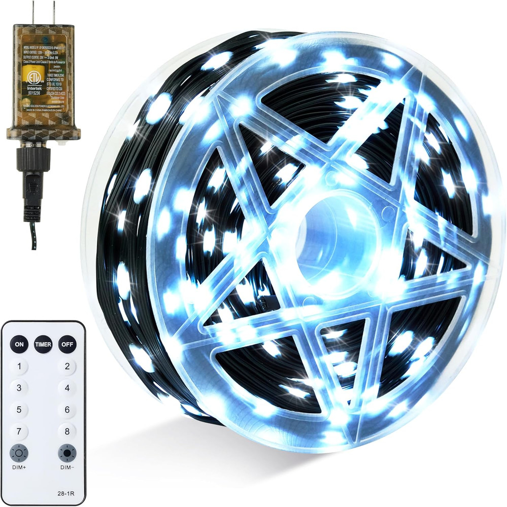 600 LED Cool White Christmas Lights, 197ft String, 8 Modes, Timer, Green Wire 9W