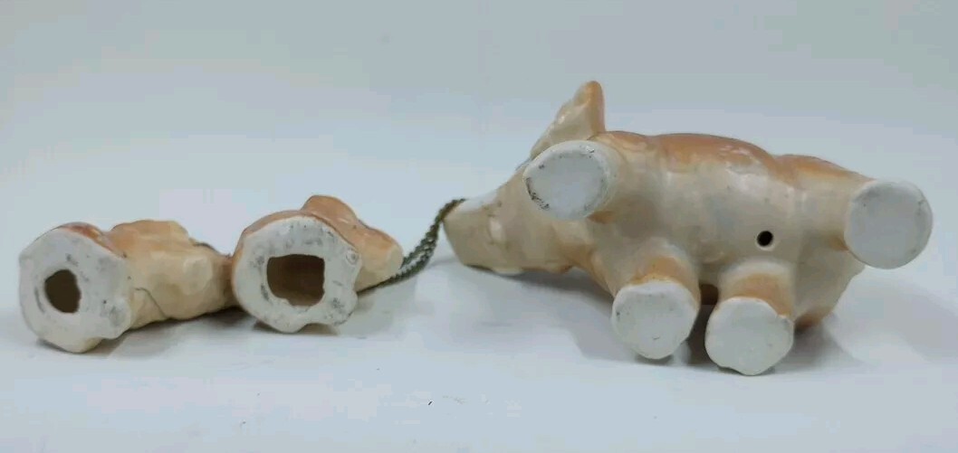 Vintage ELEPHANT FIGURINES Mom With 2 Babies on Chains Ceramic Collectible Japan